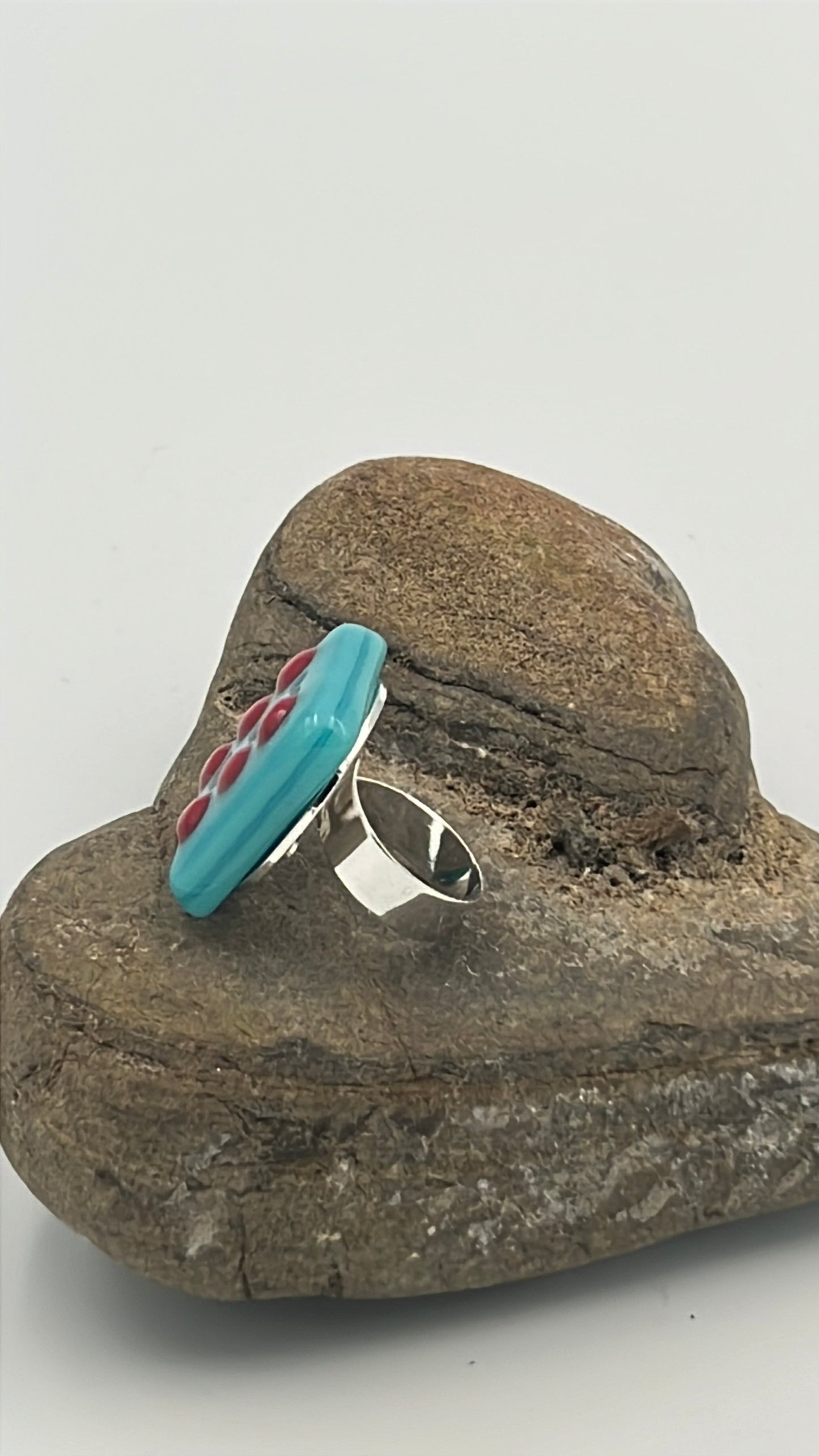Turquoise Blue Fused Glass Adjustable Number Ring with Red Details