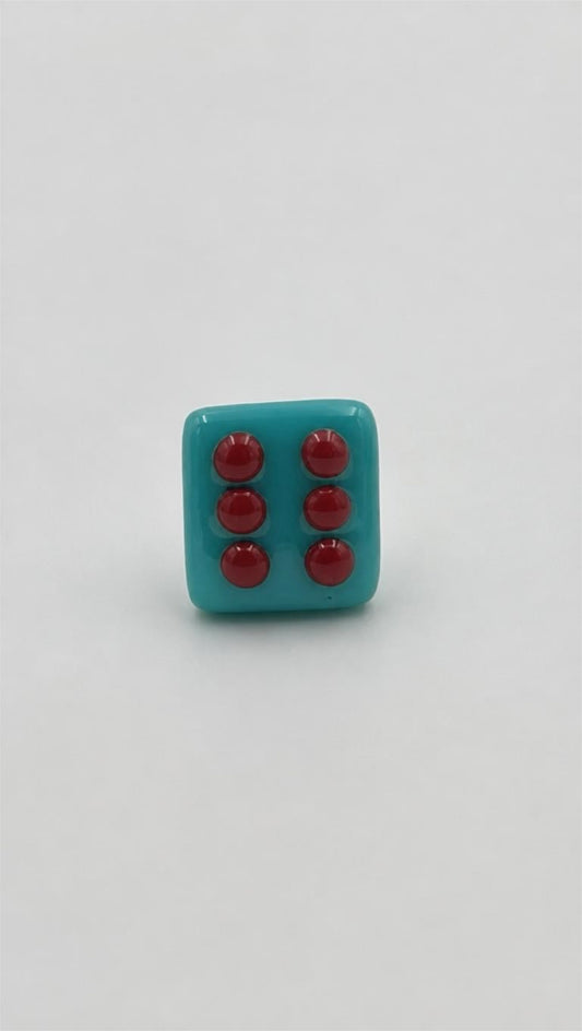 Turquoise Blue Fused Glass Adjustable Number Ring with Red Details