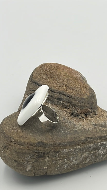 White Glass Fused Adjustable Number Ring with Black Details