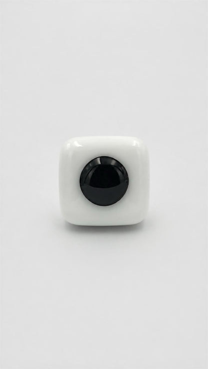 White Glass Fused Adjustable Number Ring with Black Details