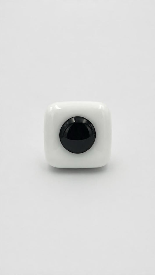 White Glass Fused Adjustable Number Ring with Black Details