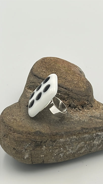 White Glass Fused Adjustable Number Ring with Black Details