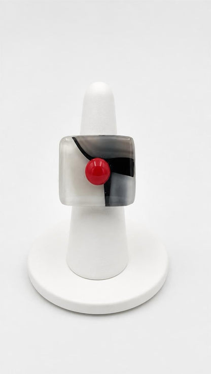 Black/White Mix Fused Glass Adjustable Number Ring with Red Details
