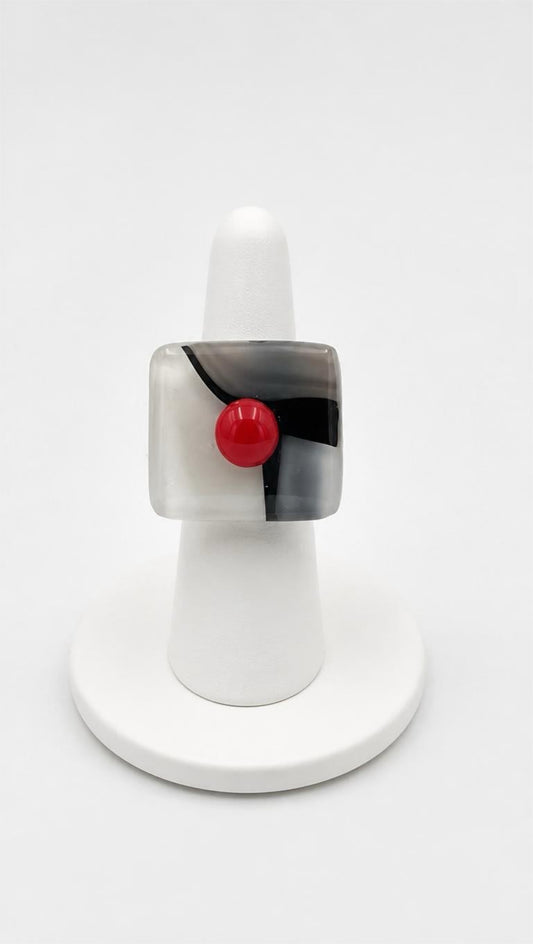 Black/White Mix Fused Glass Adjustable Number Ring with Red Details