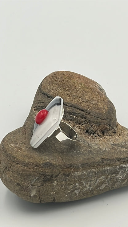 Black/White Mix Fused Glass Adjustable Number Ring with Red Details