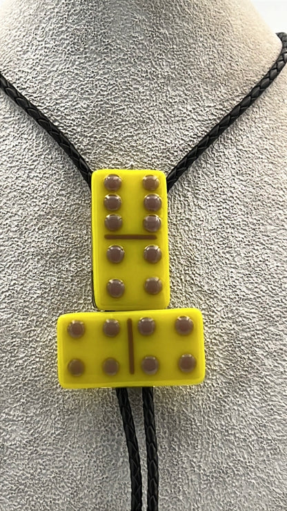Yellow Fused Glass Domino Bolo Tie with Lillac Details - 2 Piece