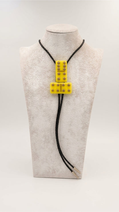 Yellow Fused Glass Domino Bolo Tie with Lillac Details - 2 Piece