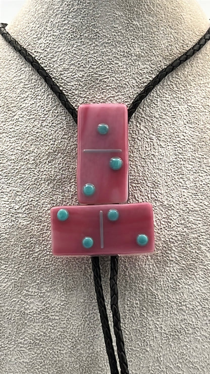 Pink/White Mix Fused Glass Domino Bolo Tie with Turquoise Details - 2 Piece