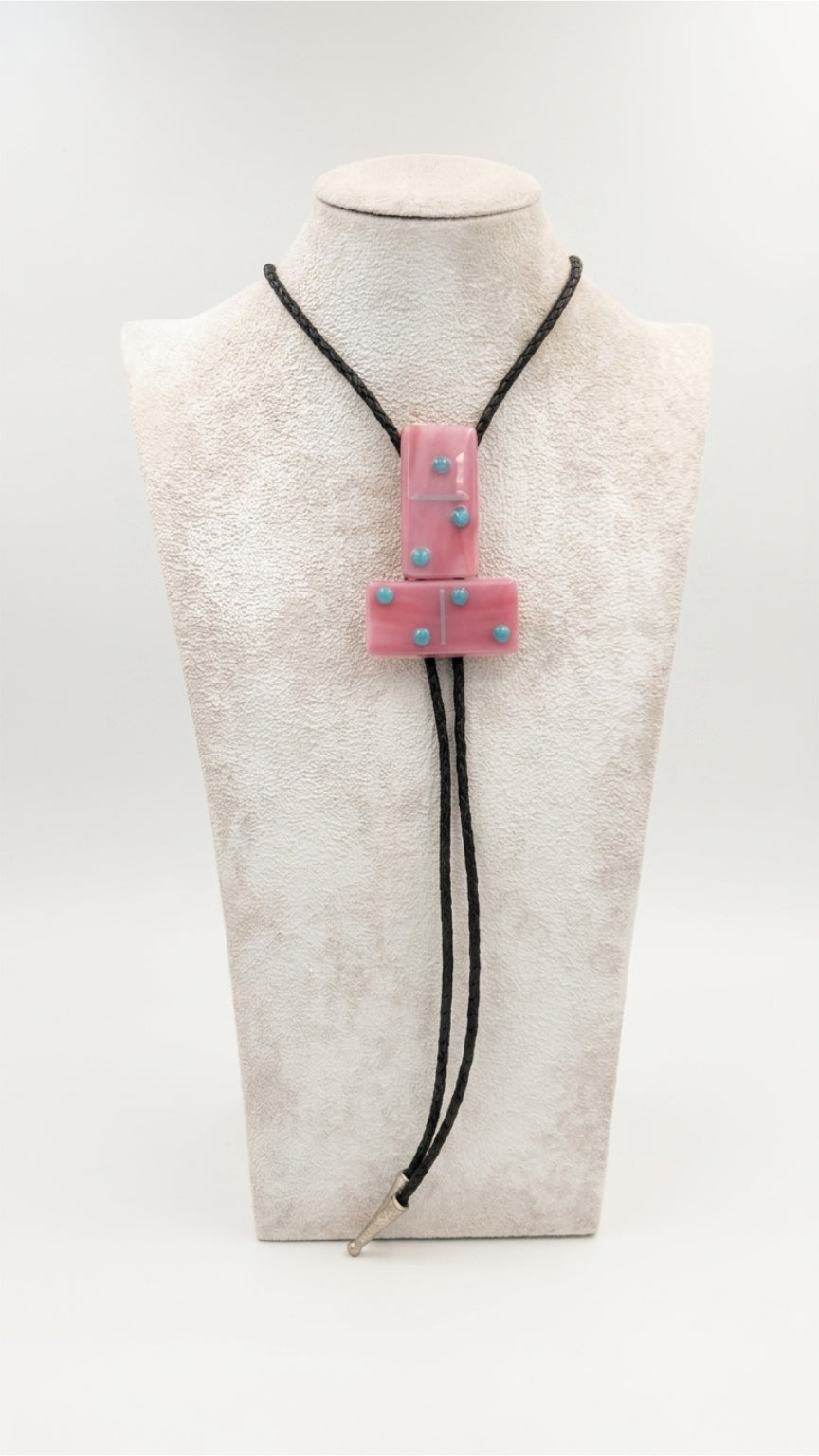 Pink/White Mix Fused Glass Domino Bolo Tie with Turquoise Details - 2 Piece